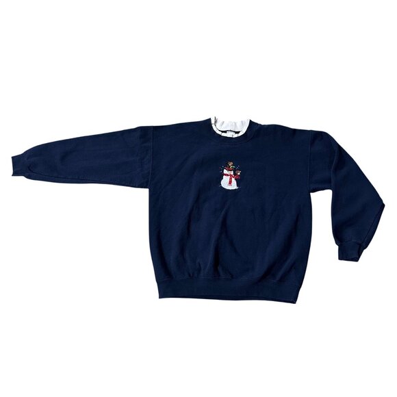 Vintage Christmas Sweatshirt Embroidered Snowman Navy Blue Size Large Retro - Picture 2 of 8
